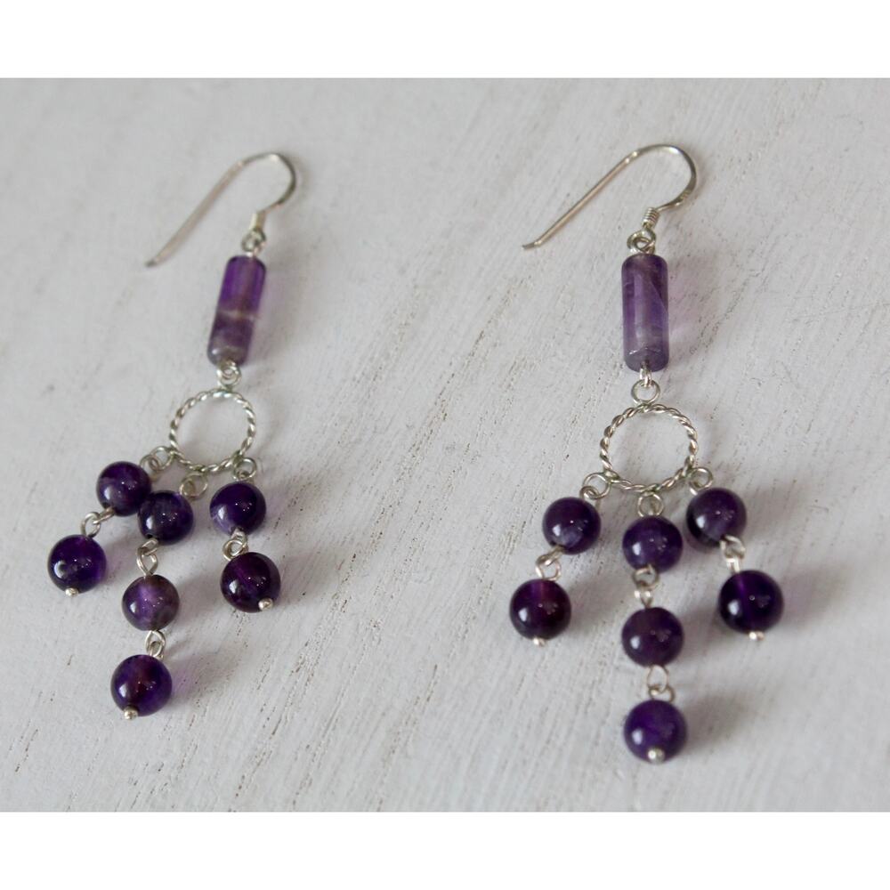 Handmade Sterling Silver 925 & Amethyst Beaded Chandelier Dangle/Drop Earrings